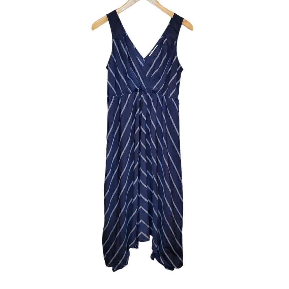 Motherhood Maternity Navy Blue White Stripe Asymmetrical Hem Maxi Dress M